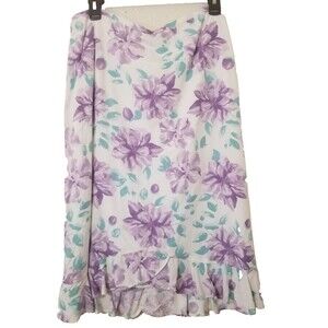 028) Emma James Floral Skirt Womens‎ Sz 10 White Lavendar Ruffle Bottom Vintage